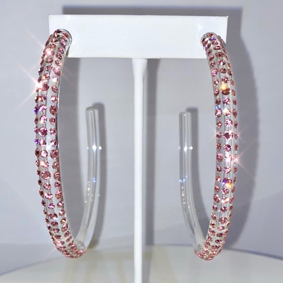 Large Oversized Clear Acrylic Hoop Earrings with Pink Swarovski Crystals - Picture 12 of 14